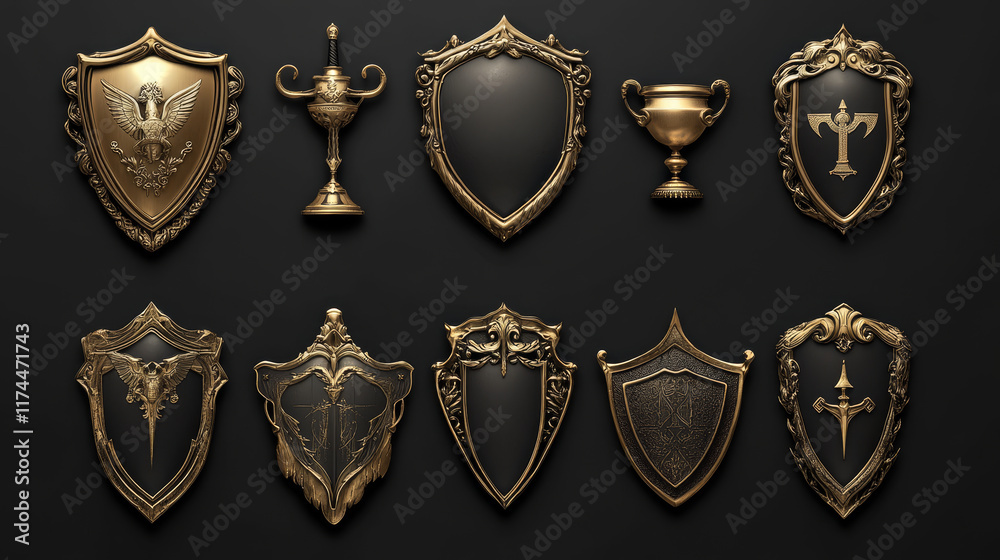 Fototapeta premium Golden shield vector icons set, gold medieval knight ammo, guard with engraved border, award trophy, military armor front side view isolated on black background with reflection, realistic 3d clipart
