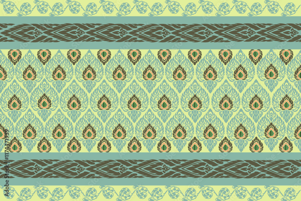 Thai Art Design - Elegant Repeating Lotus Motifs in Green and Gold with Ornamental Borders, Perfect for Textile Patterns, Cultural Decor, Heritage-Inspired Art, and Traditional Southeast Asian Aesthet Thai Art Design - Elegant Repeating Lotus Motifs in Green and Gold with Ornamental Borders, Perfect for Textile Patterns, Cultural Decor, Heritage-Inspired Art, and Traditional Southeast Asian Aesthet