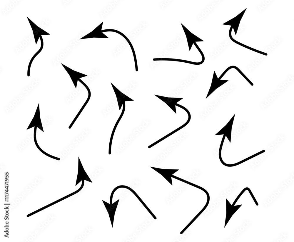 Fototapeta premium Hand drawn curve arrow set. Black doodle icons isolated on white background. Vector design elements