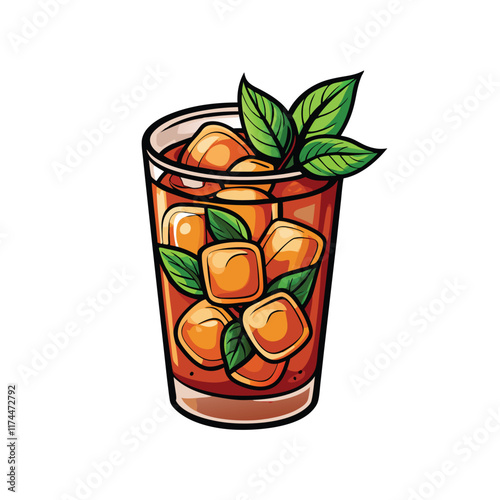 A realistic vector illustration of a refreshing peach and basil iced tea with condensation on the glass and ice cubes.