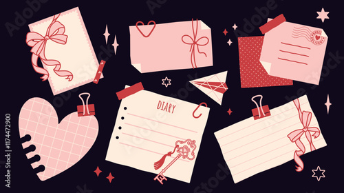 Romantic coquette style empty notes, frames and valentine with bows, hearts, and ribbons. Hand drawn doodle blanks with copy space for personalization