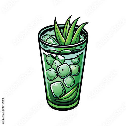 A realistic vector illustration of a refreshing glass of aloe vera juice with a green stem and leaves, showcasing the translucent green liquid and the plant's natural properties.