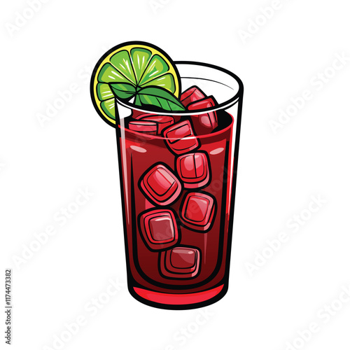 A realistic vector illustration of a refreshing hibiscus iced tea in a tall glass with ice cubes, a slice of lime, and a sprig of fresh mint.