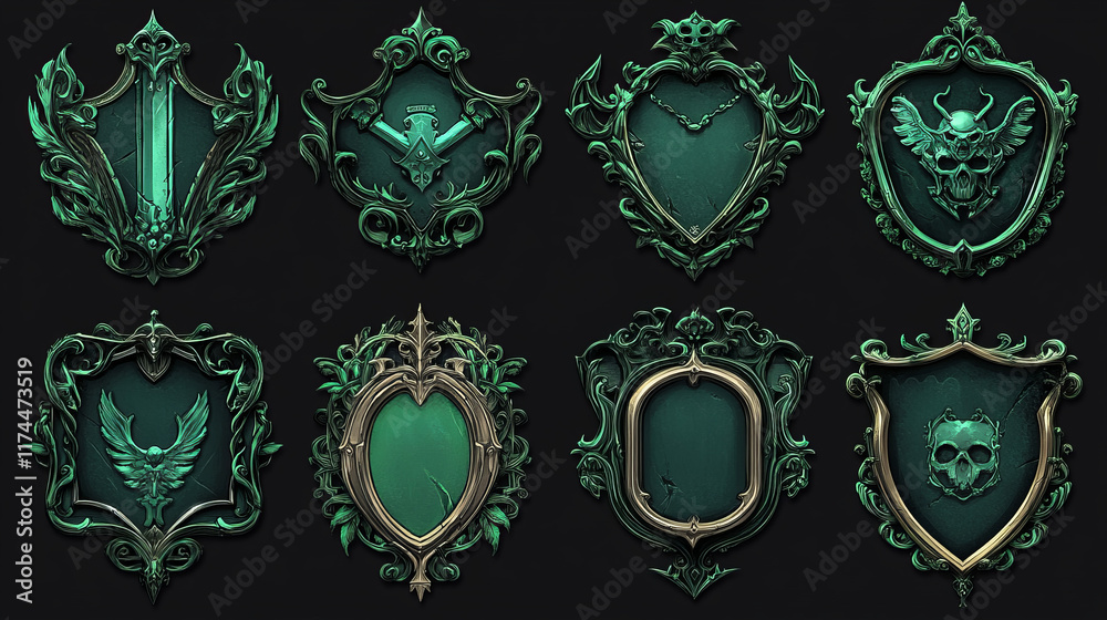 Fototapeta premium Silver award badges with fantasy frames and green decorative elements.Vector cartoon icons set of game labels different shapes, metal emblems with borders in medieval style