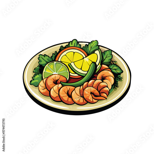 Create a photorealistic vector illustration of a shrimp and avocado salad, featuring a vibrant green avocado, plump cooked shrimp, and a colorful assortment of salad greens.