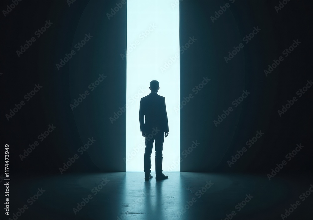 Obraz premium Silhouette of a person standing before a glowing doorway in a dark environment