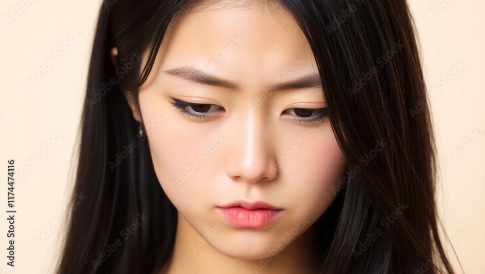 Obraz premium close-up of a young woman with long, dark hair and a serious expression. She has defined eyebrows and natural-looking makeup, which highlights her thoughtful demeanor. 