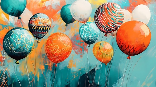 Vibrant coral orange and turquoise balloons drifting upwards with abstract patterns modern design