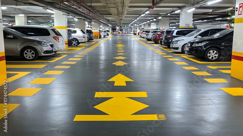 Wallpaper Mural Underground parking in shopping mall. Vector cartoon illustration of basement garage in house, places for autos marked with numbers, crossing sign on ground, exit arrows showing direction, shelter Torontodigital.ca