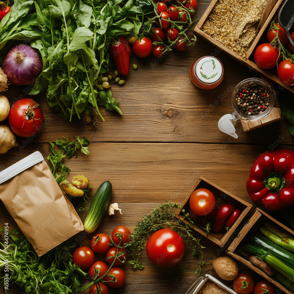 Fresh vegetables and herbs on rustic wooden table Fresh vegetables and herbs on rustic wooden table