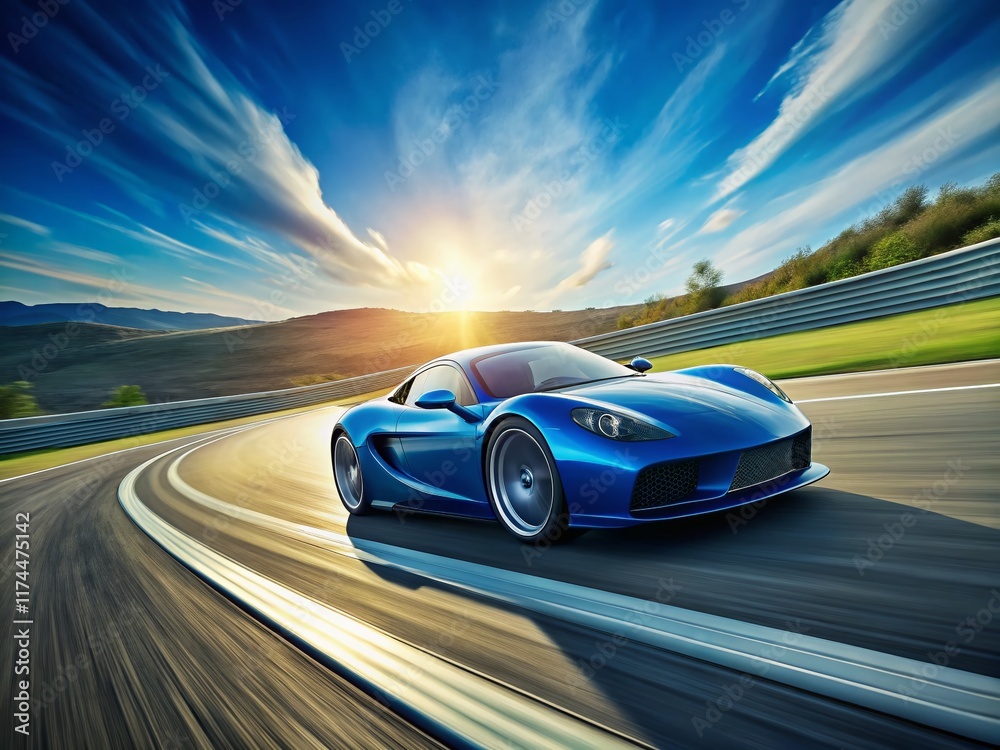 Fototapeta premium Blue Speedway Race Car Blurred Motion, Fast Speed, Competition, Winning, Victory