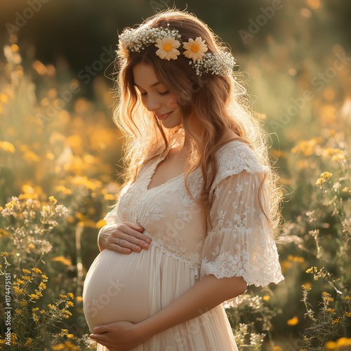 Pregnant woman with floral crown in a field of yellow flowers