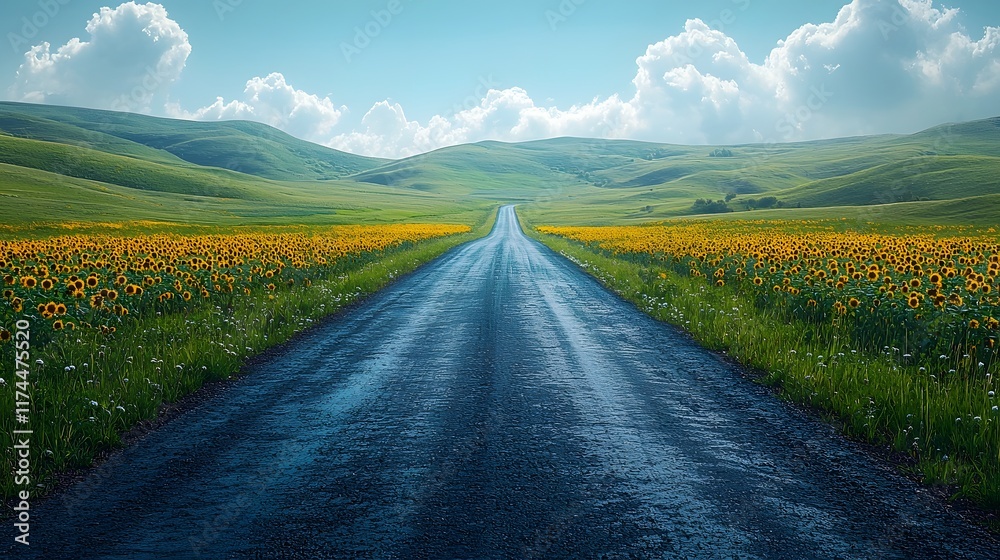 Naklejka premium Scenic Journey through a Sunflower Filled Countryside Landscape under a Vibrant Blue Sky