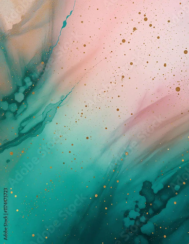 Vibrant Watercolor Wash with Emerald Green, Coral Pink, and Gold Speckles photo