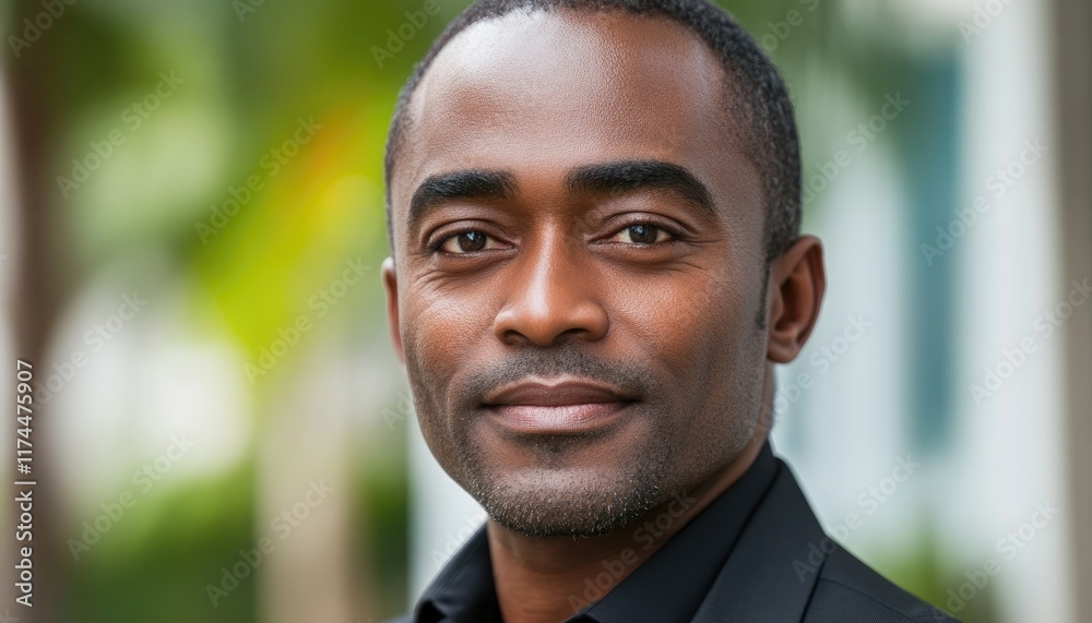 Fototapeta premium Confident African Man Smiling Outdoors in Professional Attire Close-up