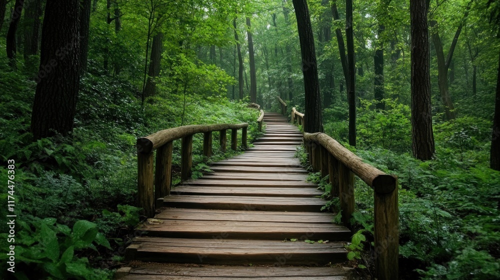 Wooden Pathway Through a Lush Forest Wooden Pathway Through a Lush Forest