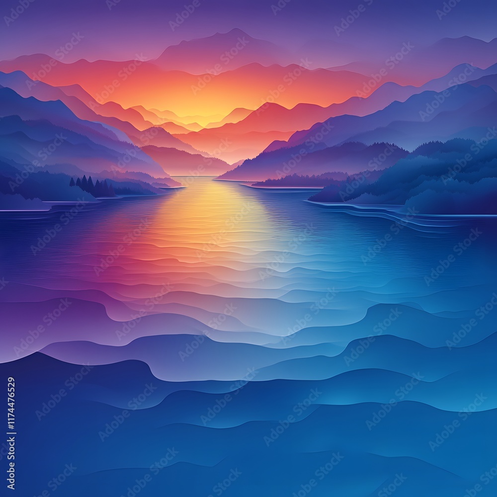 Vibrant sunset over serene lake and majestic mountains.