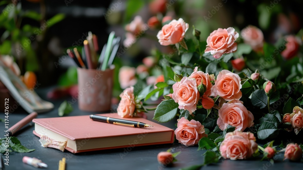 Obraz premium National Women's History Month celebration concept with books, roses, and a pen on a desk