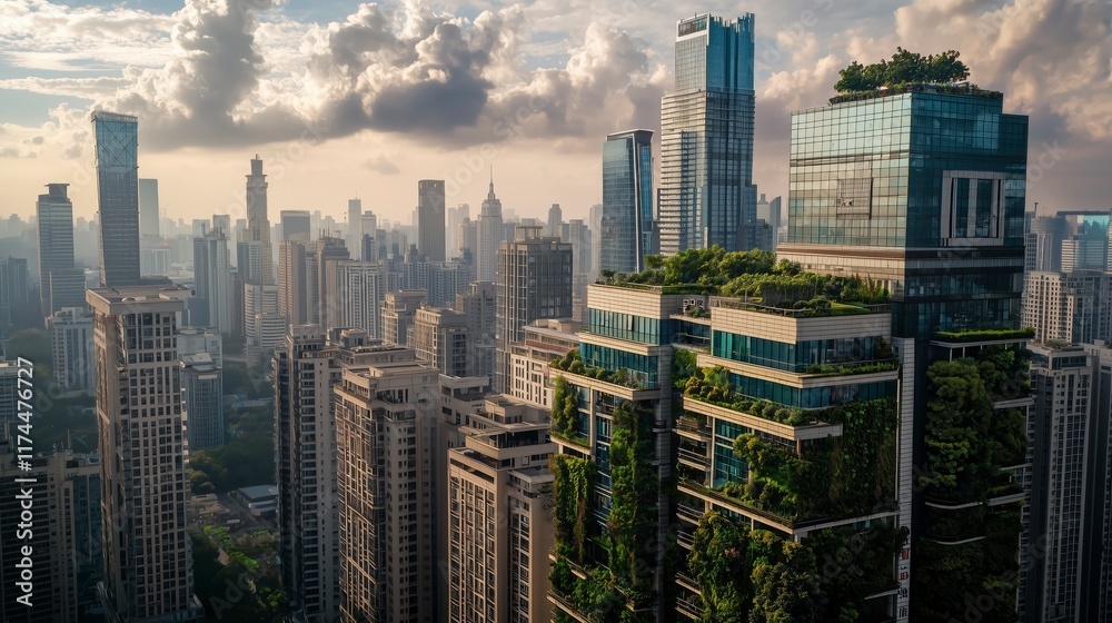 Fototapeta premium Urban architecture showcasing natural transpiration city skyline aerial view modern environment sustainability concept