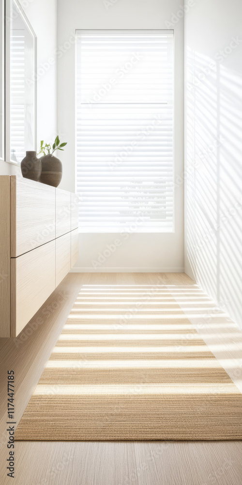 Bright hallway with soft sunlight casting shadows and a minimalist decor Bright hallway with soft sunlight casting shadows and a minimalist decor