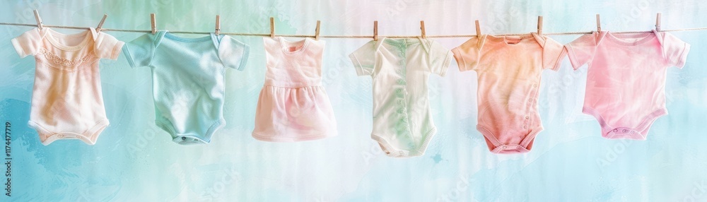 Colorful baby clothes hanging on a line, creating a cheerful and vibrant atmosphere perfect for any nursery or baby-related theme. Colorful baby clothes hanging on a line, creating a cheerful and vibrant atmosphere perfect for any nursery or baby-related theme.