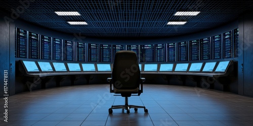 A dark, high-tech control room features multiple screens and a central chair, suggesting an environment for monitoring or data analysis. photo