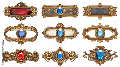 Set of square ui game frames, textured medieval borders of gold metal with gems. Cartoon empty metallic golden bordering with gemstones, isolated design gui elements, Vector illustration