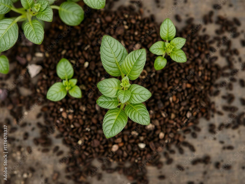 Naklejka premium Overhead view of coffee grounds being sprinkled on baby vegetable plant for natural organic fertilizer with nitrogen for growth, sustainability, top view
