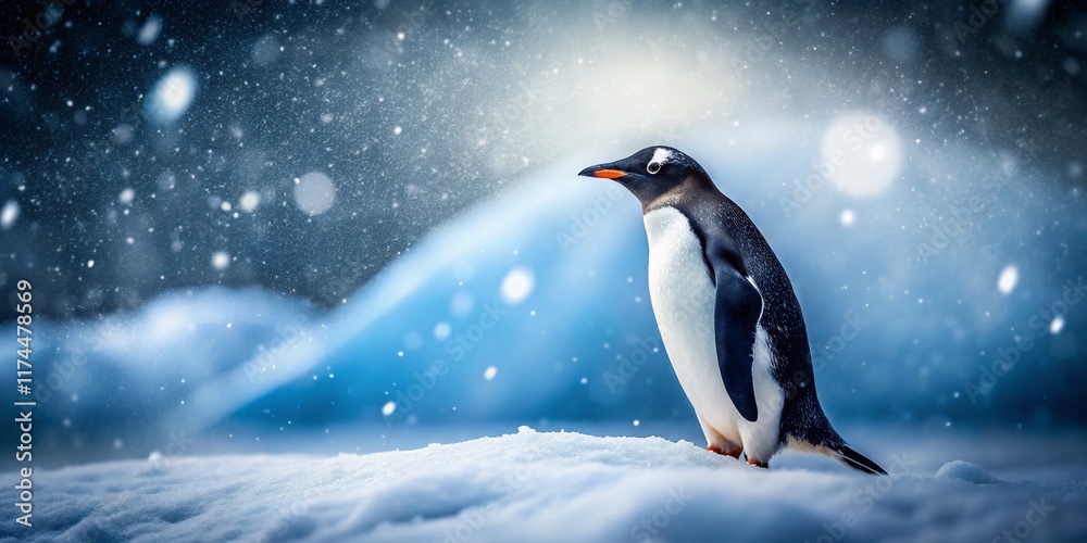 Fototapeta premium Brave Antarctic Penguin: Solitary Survival in Harsh Winds - Tilt-Shift Photography