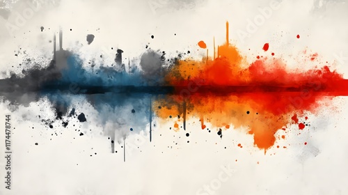 Abstract watercolor painting with blue, orange, and red splashes reflecting in water.