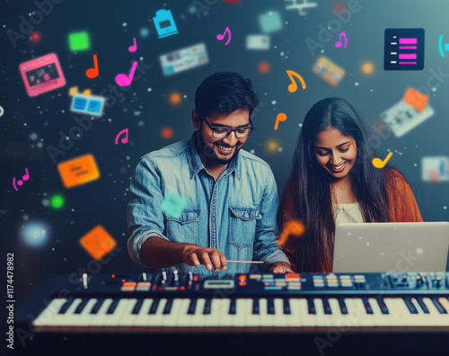 young Indian man and woman, smiling while they play on an electronic piano in the foreground with musical notes floating around them.
