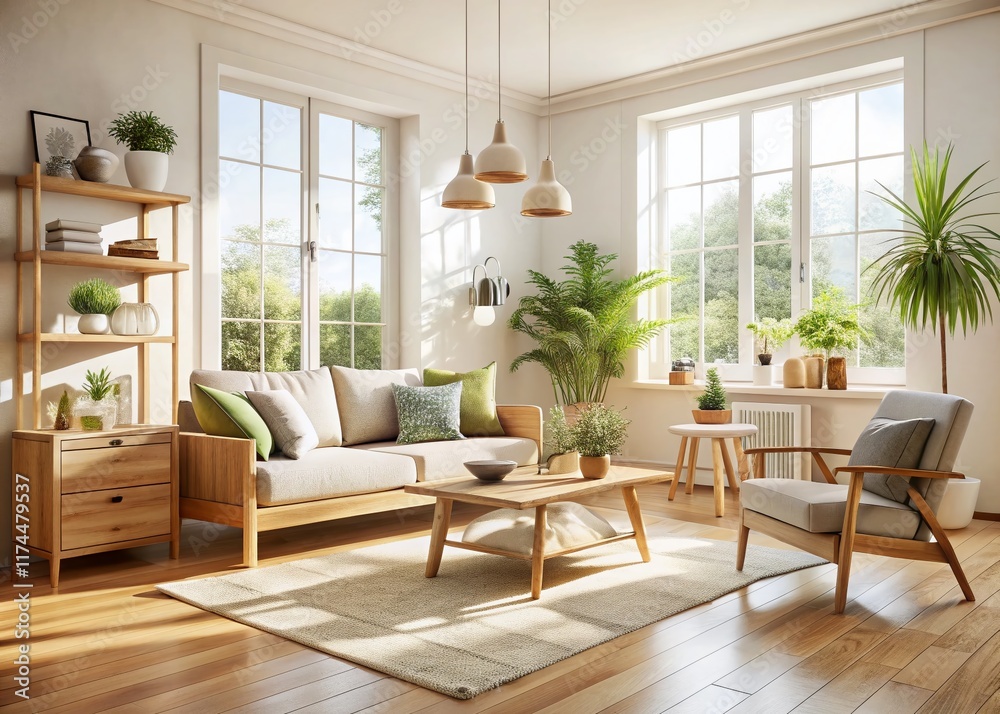 Fototapeta premium Bright Scandinavian Living Room: Minimalist White Walls, Light Wood Furniture, Cozy Interior Design