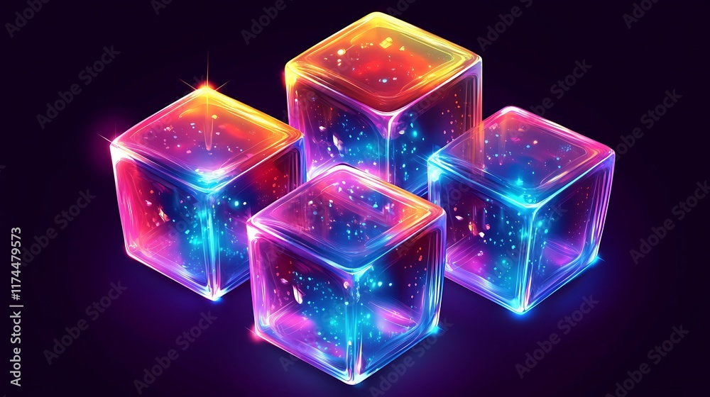 Neon Cubes Glowing Vibrantly in Dark Space Neon Cubes Glowing Vibrantly in Dark Space