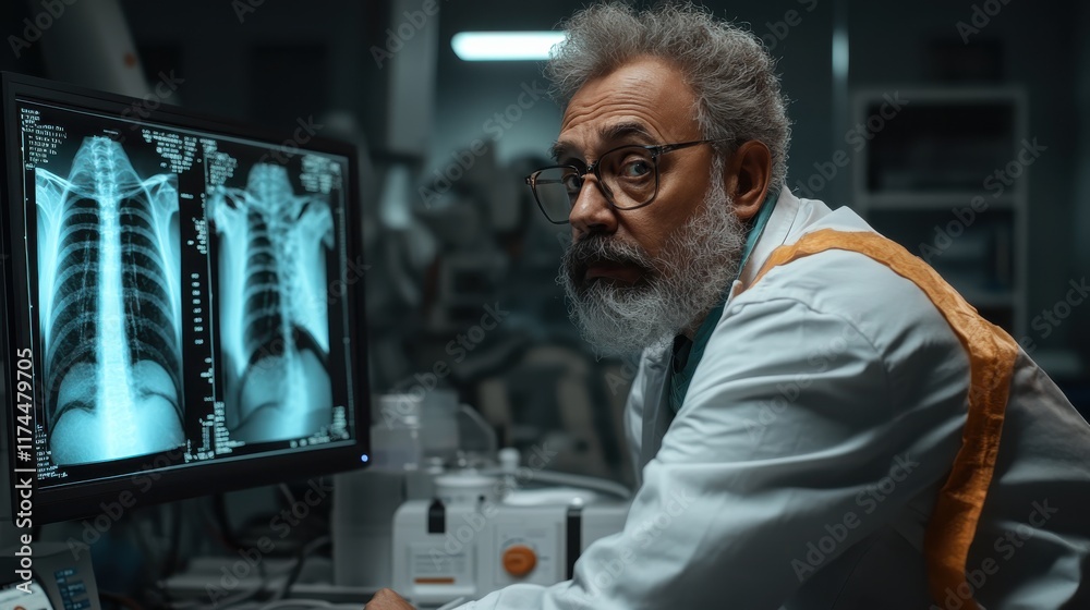 A radiologist analyzing X-rays on a large monitor in a dimly lit room. A radiologist analyzing X-rays on a large monitor in a dimly lit room.