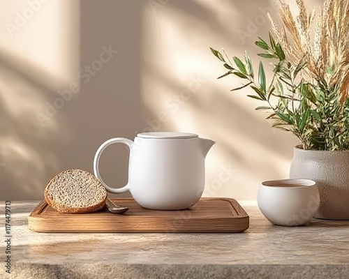 Minimalist kitchen corner with a teapot and a cozy breakfast setup, soft beige