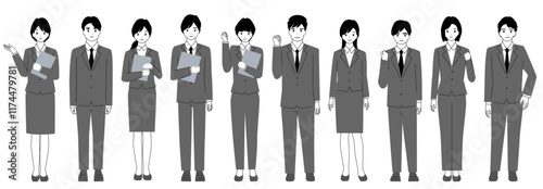スーツ姿の若い男女の全身イラストセット