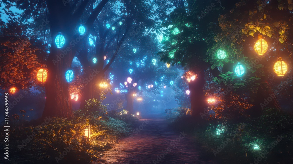 Fototapeta premium Magical Forest Pathway Illuminated by Enchanting Lanterns and Ethereal Glow