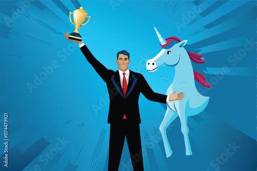 A majestic unicorn gallops across a vibrant cityscape, symbolizing a successful startup company attracting venture capital funding.