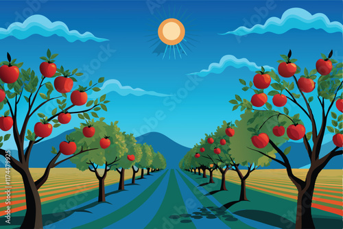 A vibrant sunny day in an apple orchard, where rows of apple trees laden with ripe, red apples stretch out under a clear blue sky.