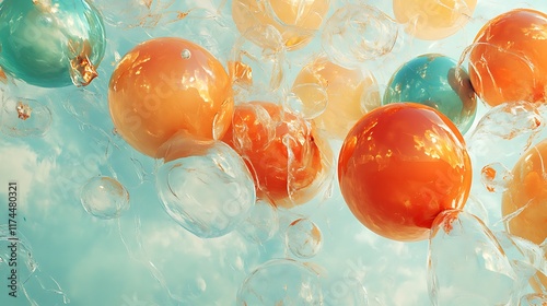 A soft glowing collection of coral orange and turquoise balloons drifting upward in abstract harmony
