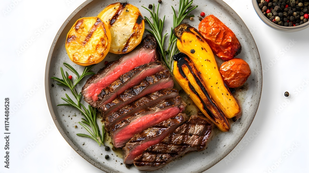 A beautifully plated steak with grilled vegetables and herbs, showcasing gourmet presentation. A beautifully plated steak with grilled vegetables and herbs, showcasing gourmet presentation.
