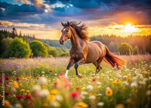 Brown Horse Galloping Wildflower Meadow - Dynamic Drone Shot