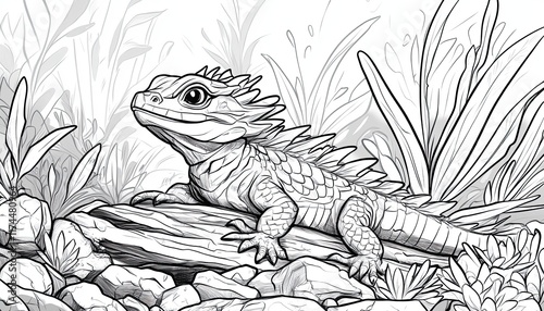 Intricate line art of a Tuatara lizard perched on rocks amidst foliage. Ideal for coloring books nature illustrations or educational materials.