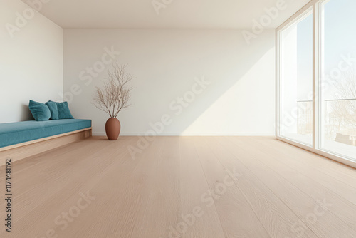 Empty modern room with minimalist furniture and natural light in a contemporary setting