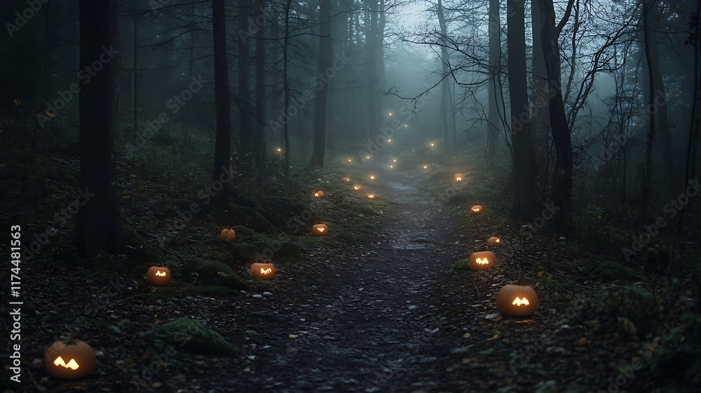 Fototapeta premium Dark forest trail lined with glowing pumpkins and eerie mist