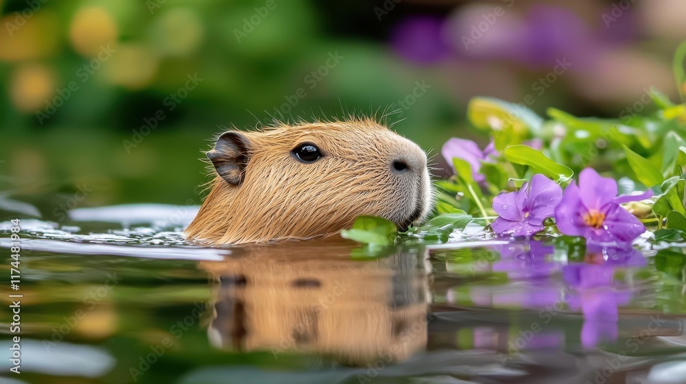 Aquatic capybara amidst nature's blooms Aquatic capybara amidst nature's blooms