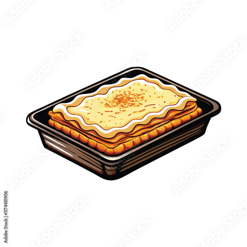 A vector illustration of a frozen lasagna in a black baking dish, with a thin layer of melted cheese on top, ready to be baked.