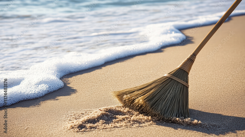 broom lying on sandy beach, gently sweeping sand with waves in background creates serene and tranquil scene broom lying on sandy beach, gently sweeping sand with waves in background creates serene and tranquil scene