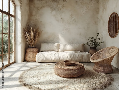 Serene Bohemian Living Room: Close-Up Photo of Warmly Lit Neutral Decor. AI Generated