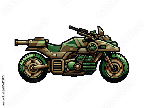 A highly detailed vector illustration of a futuristic military motorcycle with holographic displays and advanced weaponry.